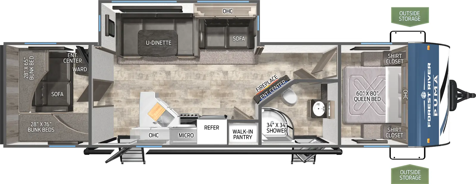 The Puma 28BHSS floorplan has two entries and one slide out. Exterior features include: metal exterior and 20' awning. Interiors features include: bunk beds, u-dinette and front bedroom.